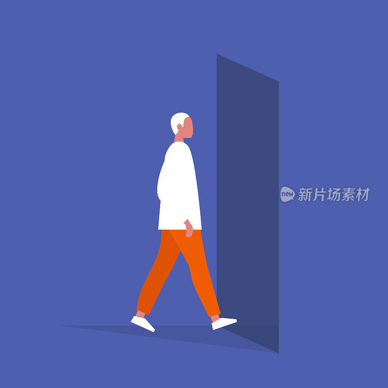 Young male character walking through a doorway. Daily life. Flat editable vector illustration, clip art
